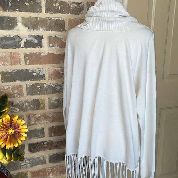 Michael Kors Cream White Cotton Statement Fringe Sweater Shawl Funnel Collar LRG - Picture 5 of 15